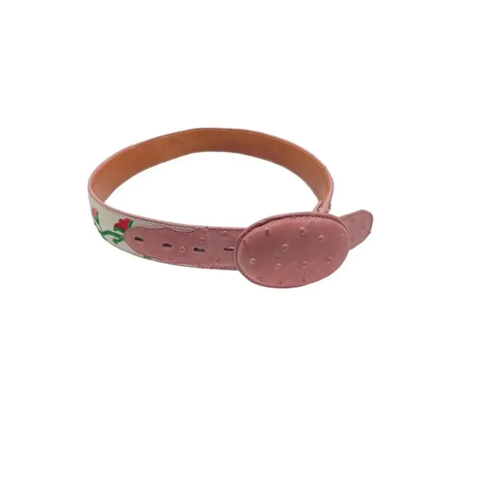 Aguila Real Leather Pink Caiman‎ Tail Embroidered Flowers Belt Rare Size 32
